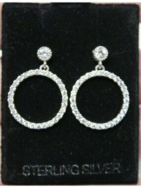 Sterling Silver & CZ Circle Dangle Earrings Rhodium Plated Marked 925 New #G10